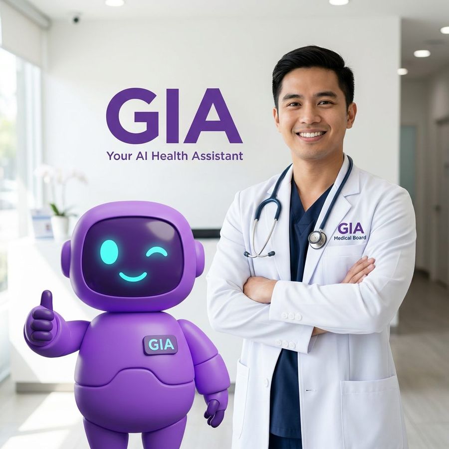 A Filipino physician in a white coat labelled GIA Medical Board, standing next to the purple GIA robot mascot in a clinic