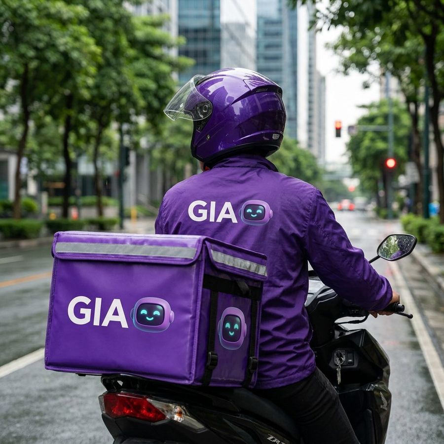 GIA delivery rider on a motorcycle in Metro Manila, wearing a purple GIA-branded jacket and helmet with a large branded delivery box